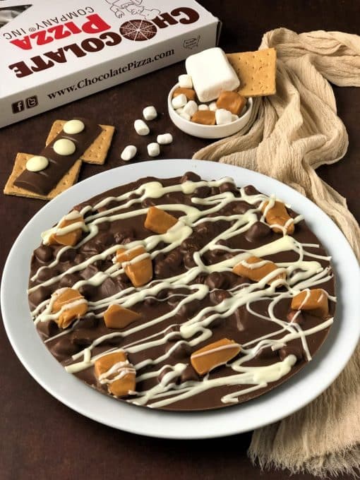 chocolate pizza with caramel marshmallows graham crackers