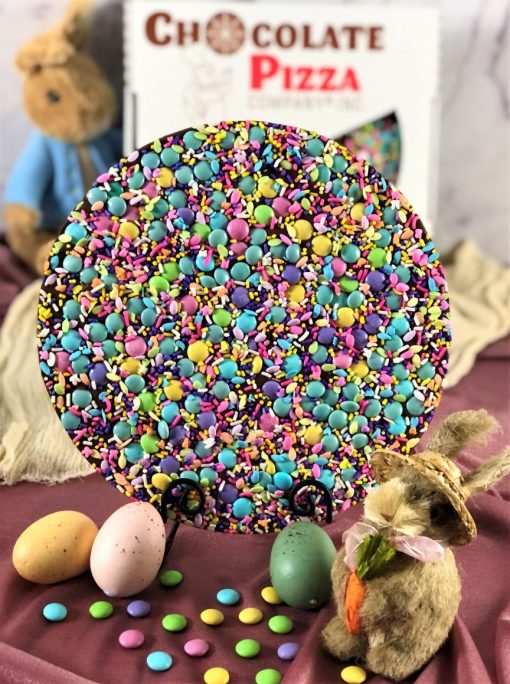 pastel chocolate candies on a celebrate spring chocolate pizza