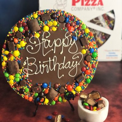 happy birthday chocolate pizza with candy border