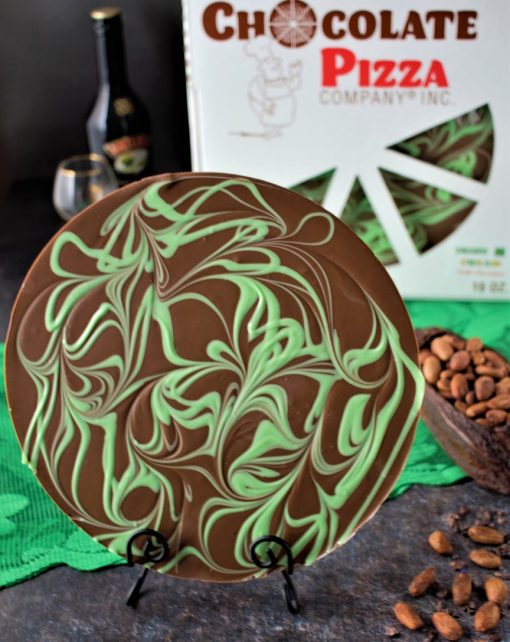 milk chocolate pizza with Irish cream flavor and pizza box in background