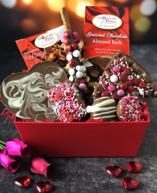 assorted Valentines chocolates in red gift basket