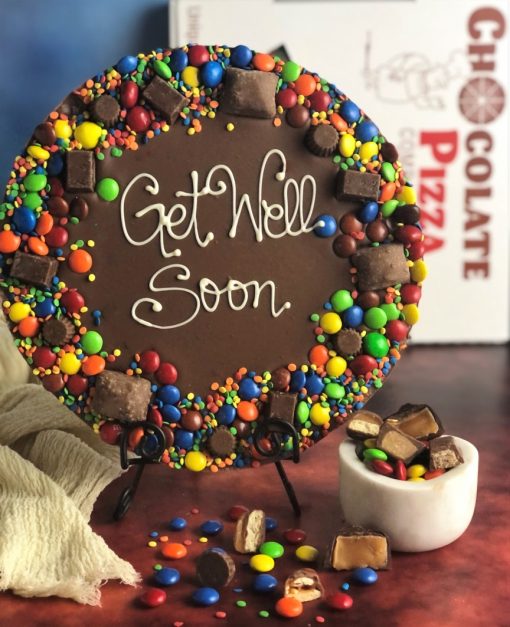 get well soon chocolate pizza with candy avalanche border