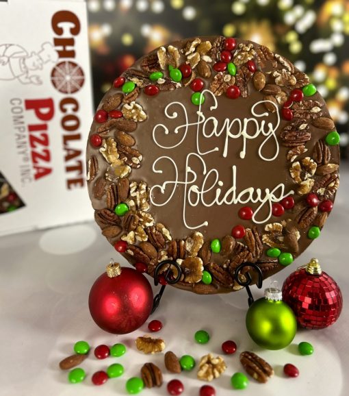 holly berry chocolate pizza with nuts and candy