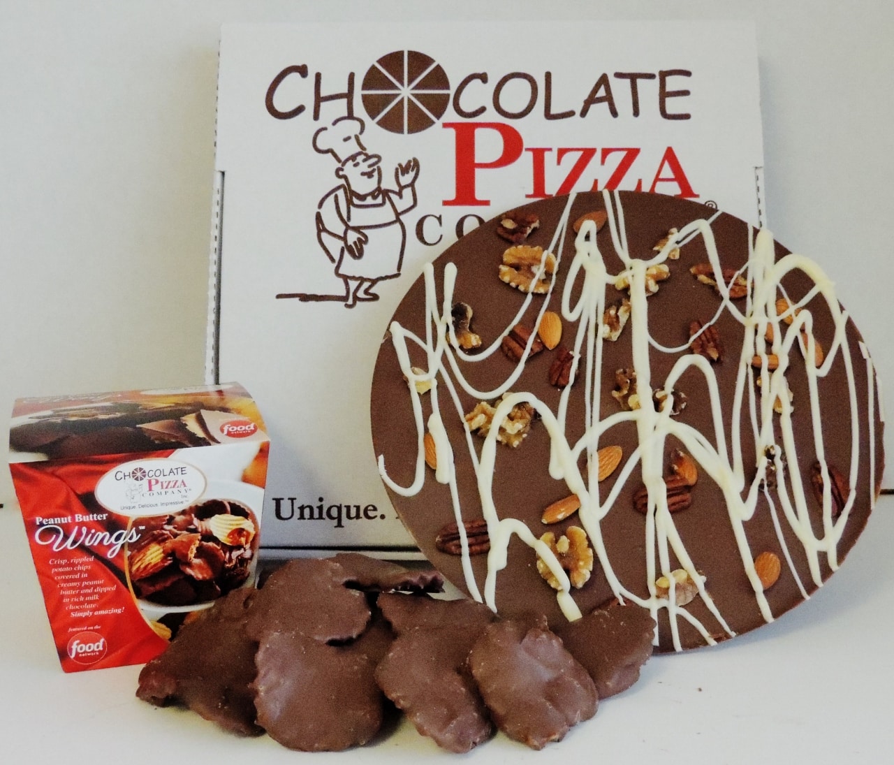 Combo Chocolate Pizza with Nuts and Peanut Butter Wings
