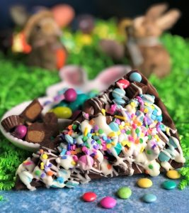 spring avalanche slice on plate with Easter decorations