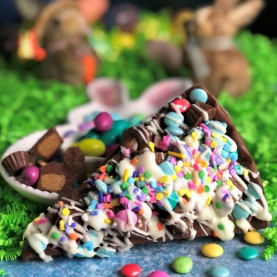 spring avalanche slice on plate with Easter decorations