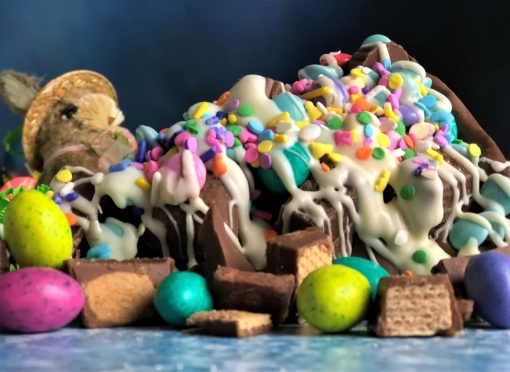Chocolate Pizza slice with pastel candies and peanut butter eggs