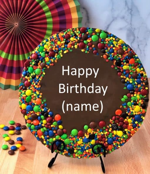 custom chocolate pizza with colorful candy border