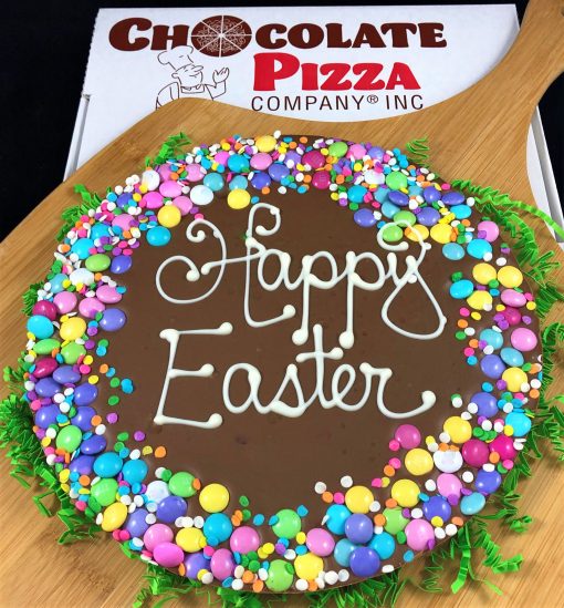 Happy Easter Chocolate Pizza trimmed with pastel candy and sugar confetti