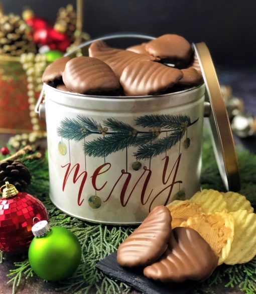 peanut butter wings in merry holiday tin