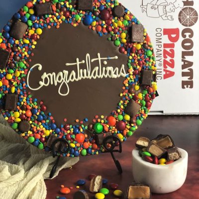 chocolate congratulations pizza with candy border
