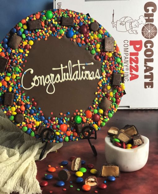chocolate congratulations pizza with candy border