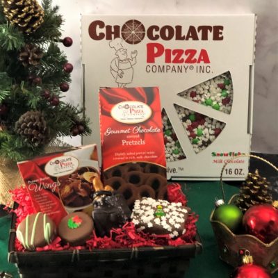 happy holidays gift basket with chocolate pizza