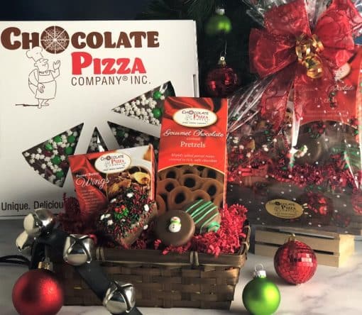 happy holidays gift basket and chocolate pizza