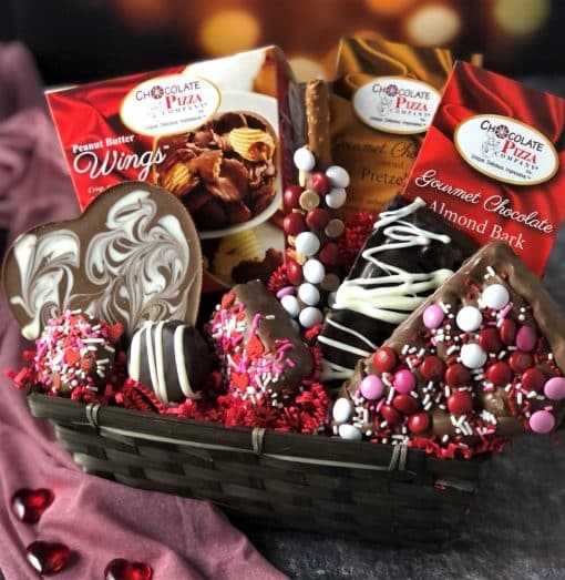 gourmet chocolate in a wicker gift basket