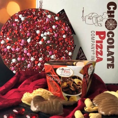 picture of combo Chocolate Pizza with red candy decoration and Peanut Butter Wings