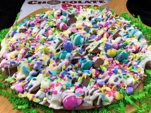 Easter avalanche Chocolate Pizza with pastel candies