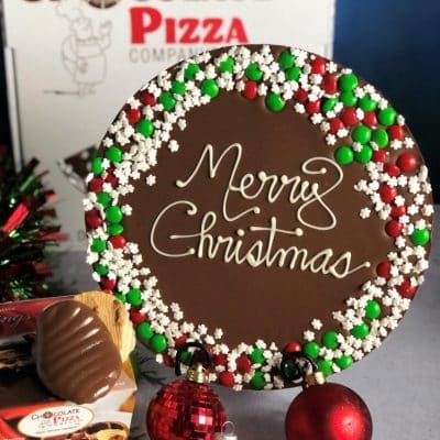 merry Christmas snowflake border chocolate pizza and peanut butter wings