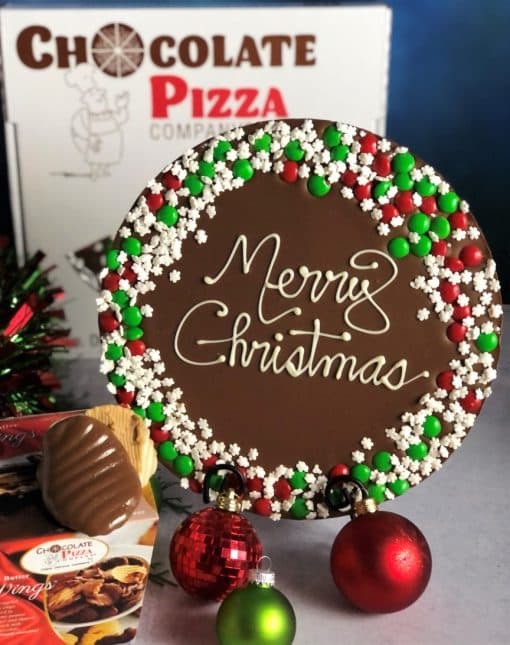 merry Christmas snowflake border chocolate pizza and peanut butter wings