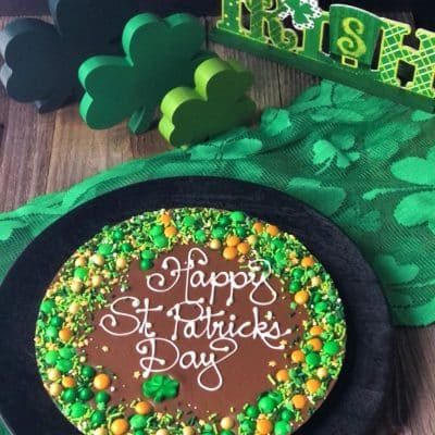 Happy St. Patrick's Day Chocolate Pizza with shamrock decorations