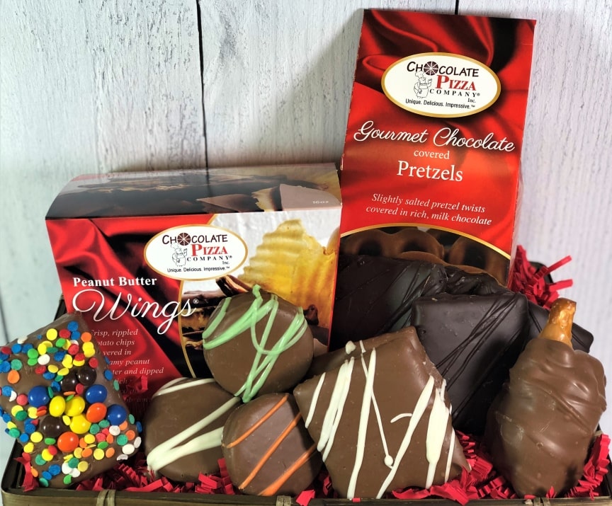 Chocolate Cravings Pizza Basket gourmet treats & your choice of pizza