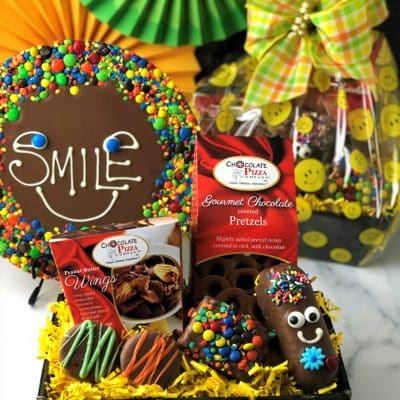 keep smiling gift basket and chocolate pizza