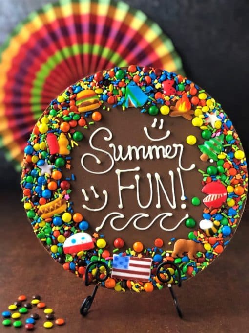 summer fun chocolate pizza with candy decorations