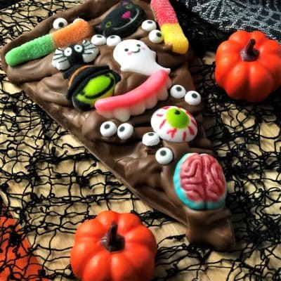 monster shapes on chocolate pizza slice