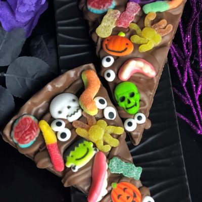 monster shapes on chocolate pizza slice