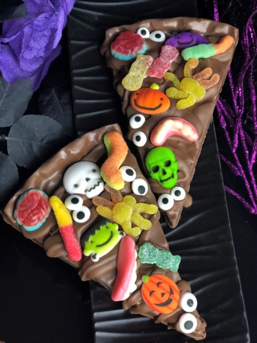 monster shapes on chocolate pizza slice