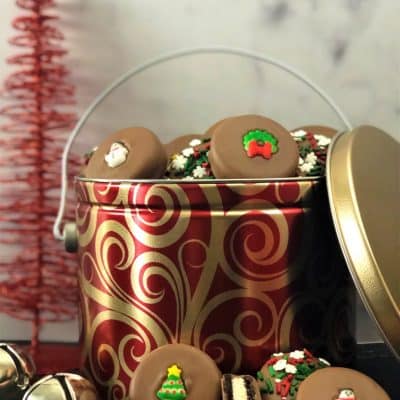 Holiday cookies in red gold holiday tin