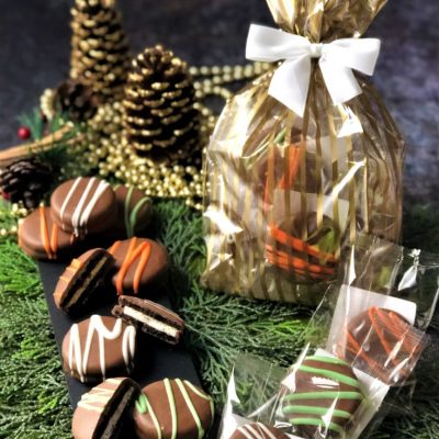 assorted cookies in cellophane bag and bow
