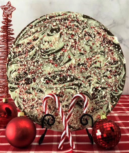 candy cane topped chocolate pizza