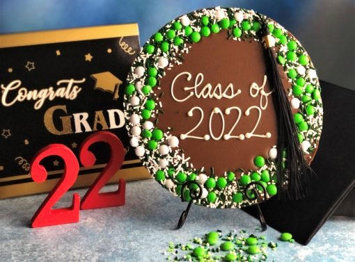 graduation gift chocolate pizza with green white candy