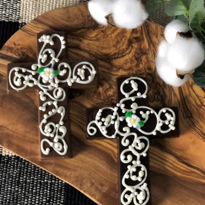 cross in milk or dark chocolate hand-decorated for Easter or First Communion