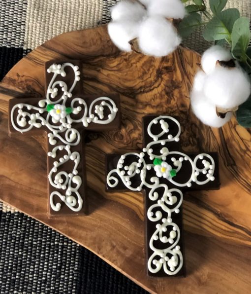 cross in milk or dark chocolate hand-decorated for Easter or First Communion