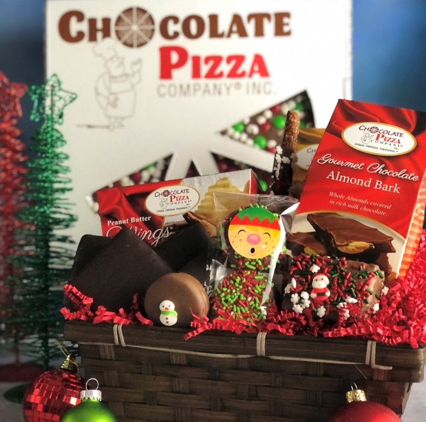 Holiday themed gift basket with chocolate treats