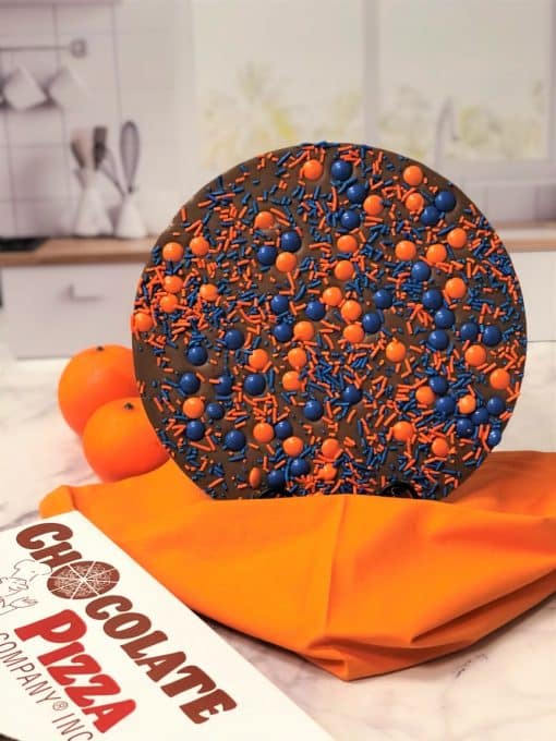 orange up Chocolate Pizza with orange blue candy