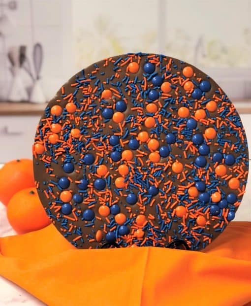 Chocolate Pizza with orange blue candy